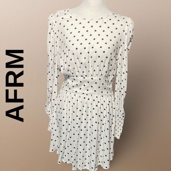 AFRM Lightweight Polka Dot Dress, Bishop Sleeves, Open Back Design, Size M - Picture 1 of 10